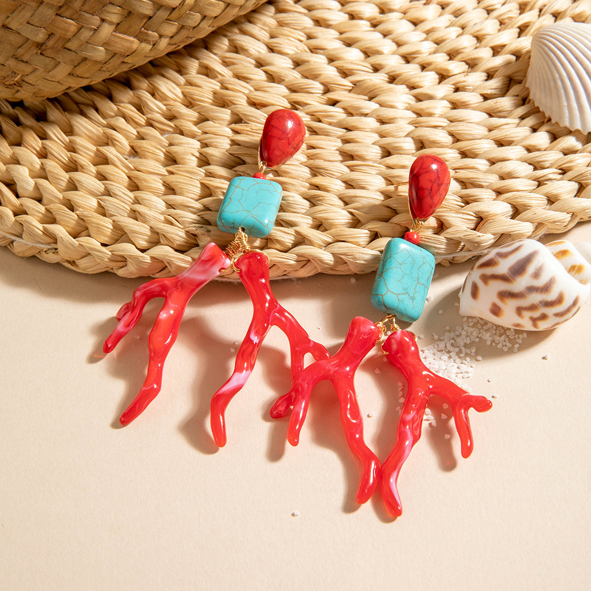 Wholesale 2PCS/Pack Bohemian turquoise earrings Geometric acrylic coral pendant earrings